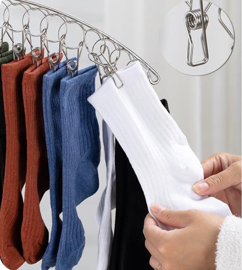 Stainless Steel Sock Rack With Windproof Curved 16-Clip Clothes Rack With 16 Clips Multi Functional Dual-Purpose Clothes Rack