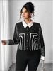 2026 Spring Plus Size Women's Color Block Digital Print Long Sleeve Shirt