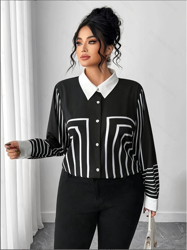 2026 Spring Plus Size Women's Color Block Digital Print Long Sleeve Shirt