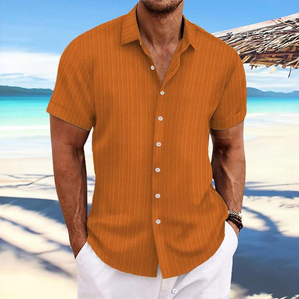 Herren Gestreiftes Baumwoll-Leinen Kurzarm Jacquard Freizeit Hemd