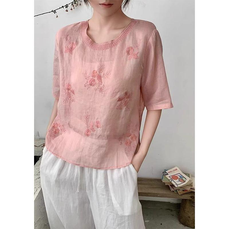 Women Floral Embroidered Round Neck Half Sleeve Linen Cotton Blend Blouse