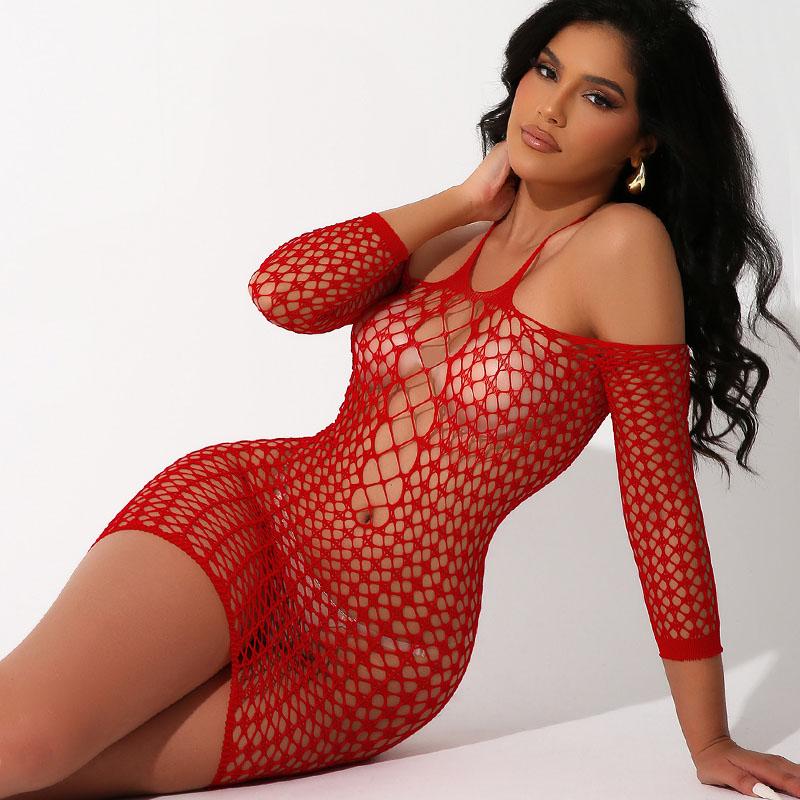 Sexy Fishnet Lingerie Dress Transparent Bodysuit Roleplay Costume Lace Underwear Maid Bodystockings with Handcuffs