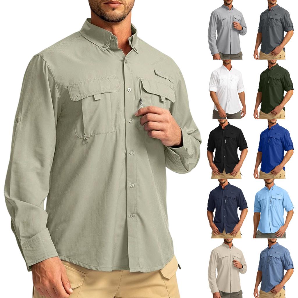 Men's Color Casual Loose Button-Down Collar Faux Pocket Long-Sleeved Shirt