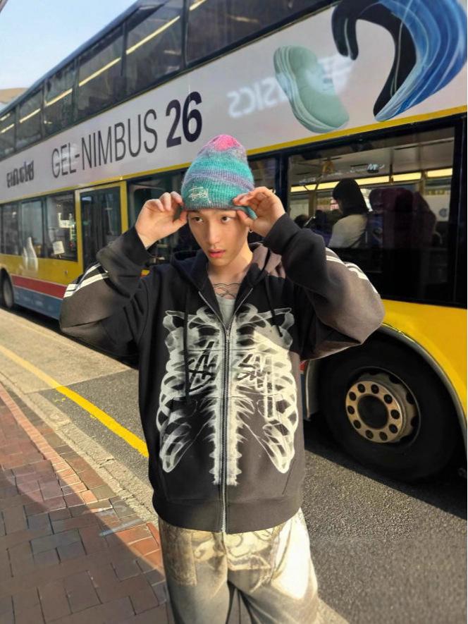 

Unisex Trendy Skull Print Zipper Cardigan with Fleece-Lined Hood - Autumn/Winter Hoodie M Terry