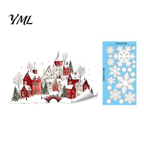 Holiday Decoration Decals Christmas Static Window Clings, Snowy Town House Snowflake Glass Decals, Reusable Seasonal Party Supplies Xmas Stickers,