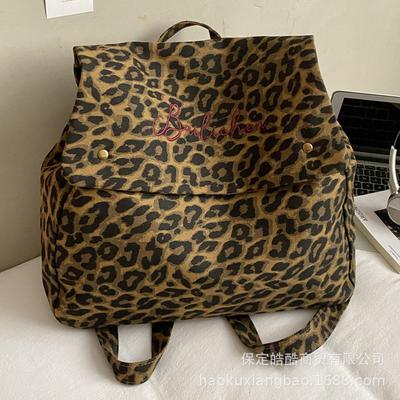 Leopard Print Backpack Women's Fashion Niche Design Sense Student Class Bag Canvas Retro Tote Bag Travel Backpack