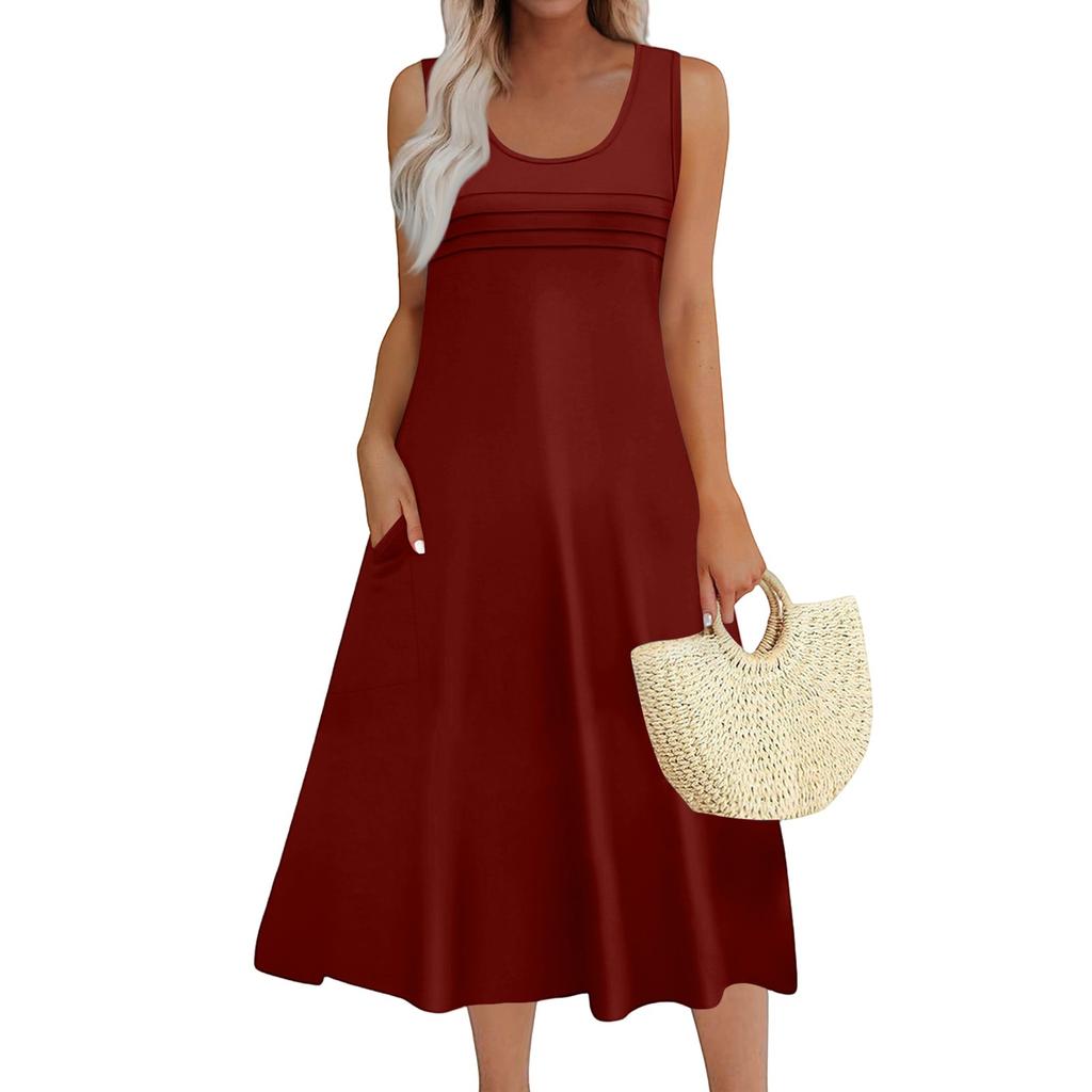 Women's Fashion Round Neck Sleeveless Pleated Beach Dress With Pockets Long Solid Color Dresses