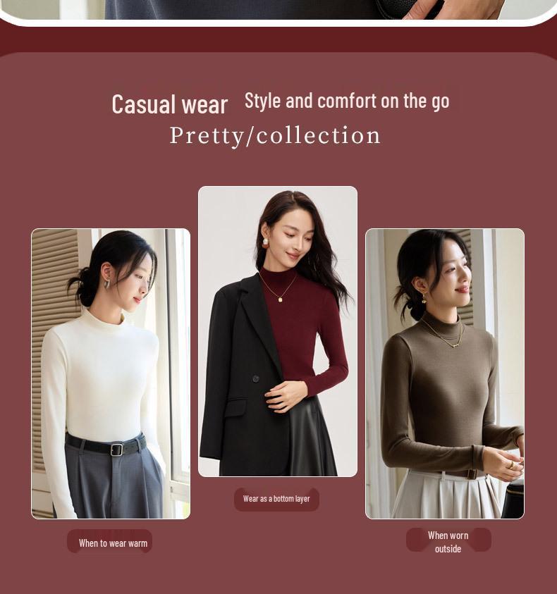 Women's Korean Style Wool Tencel Lyocell Base Layer Top with Semi-High Neck and Long Sleeves - Mia Biya Warm Underwear