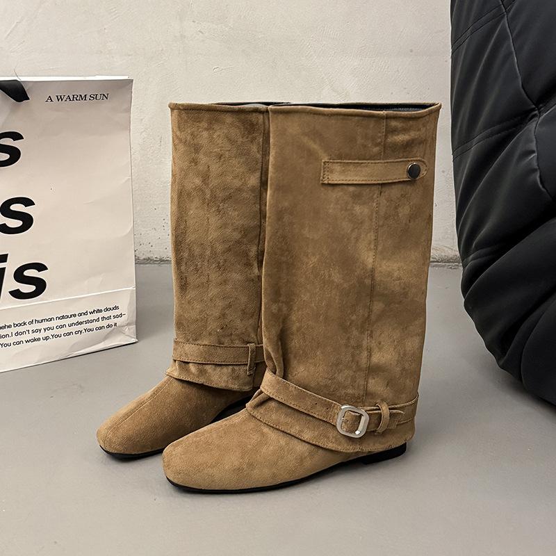 Women's Long Boots Chinese Belt Button Head High Boots New Temperament Knight Boots Autumn Retro Trousers Inner Height Increase