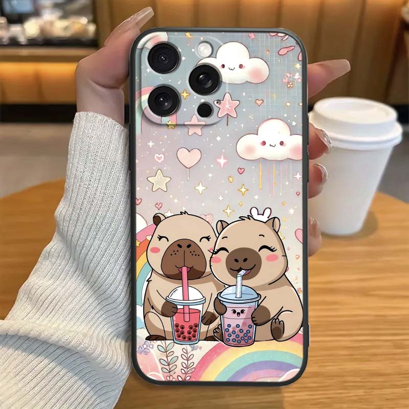 Cartoon Anime Capibala Art Phone Case For Apple iPhone 17 16 16E 15 14 13 12 11 Pro Max Plus Black Soft Silicone