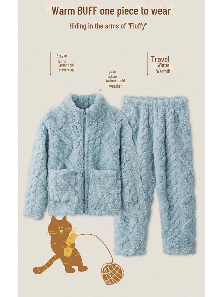 Children's Flannel & Coral Fleece Zipper Pajama Set - Autumn/Winter Velvet Thickened Homewear