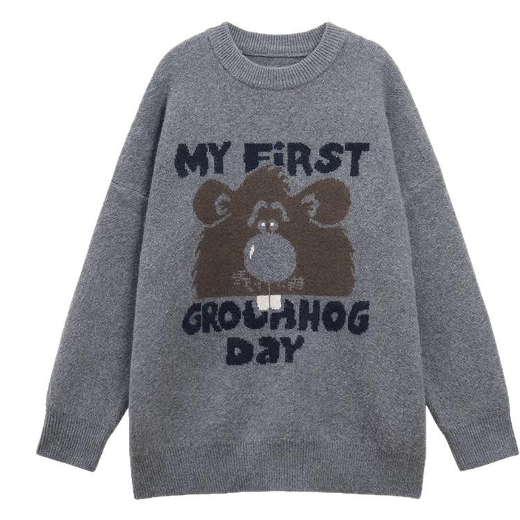 Women's Autumn 2025 Long Sleeve Bear Jacquard Sweater, Mid-Length Loose Knit Top