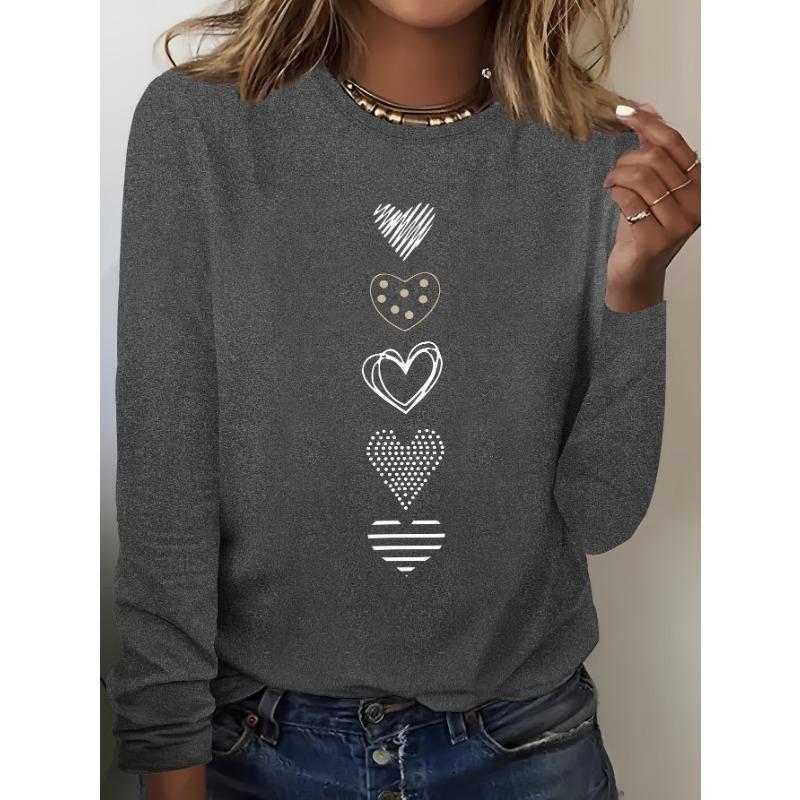 Damen Frühjahrs- und Herbstkleidung Buntes Herz Aufdruck T-Shirt Langarm Rundhals Freizeit Oberteil