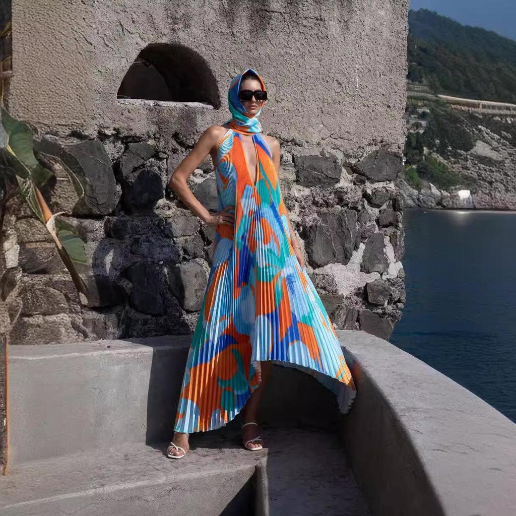 Sommer Neckholder Tiefes V Rückenfrei Ärmellos Floral Plissiertes Schwingkleid