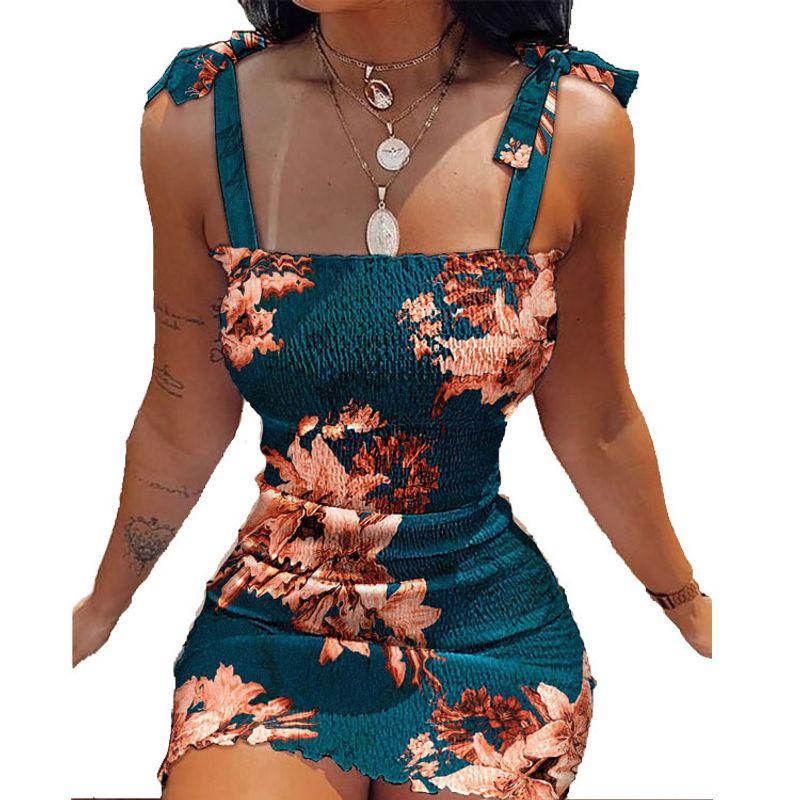 

European and American-Style Pleated Printed Lace up Slim Fit Skirt Peacock Blue XL