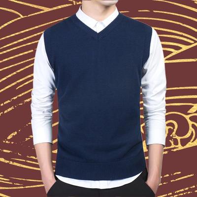 Men's Solid V-Neck Wool Knit Vest - Sleeveless Pullover for Spring and Autumn