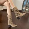 New retro temperament pointed thick heel boots women's versatile belt buckle medium tube stack knight boots