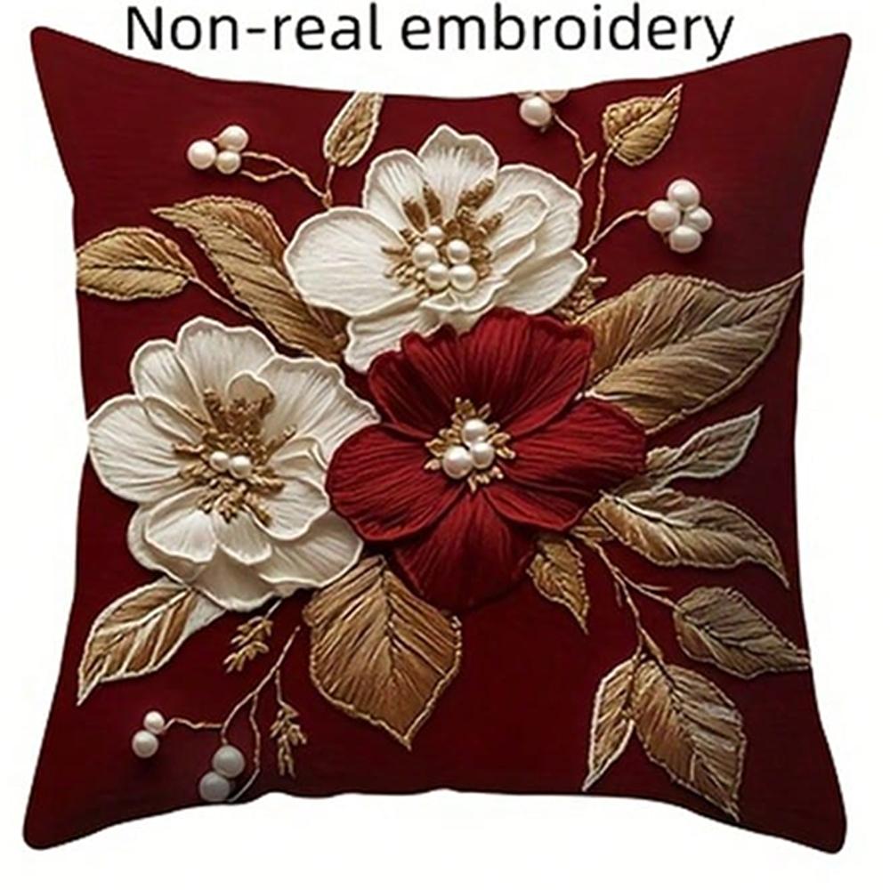 1 Stück Feder Weinrot Blume Kissenbezug Polyester 2D Doppelseitiger Druck Sofakissenhülle Geschenk für Wohnzimmer Schlafzimmer Heimdeko