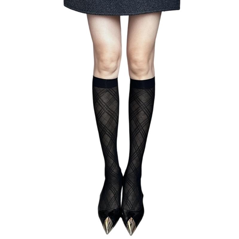 

Breathable Anime Style Knees High Socks Rhombic Grid Design Stretchy Comfortable Leg Wear For Girls Everyday Casual Outfit чорний