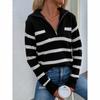 Womens High Neck Striped Knit Sweater With Zipper Front Loose Fit Long Sleeve Pullover Winter Office Wear