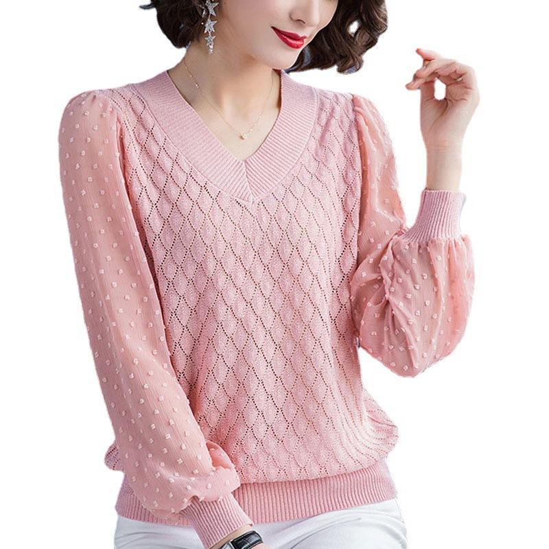 Women's V-neck Knitted Sweater Chiffon Patchwork Yarn Sleeves Autumn Loose Hollow Thin Sweater