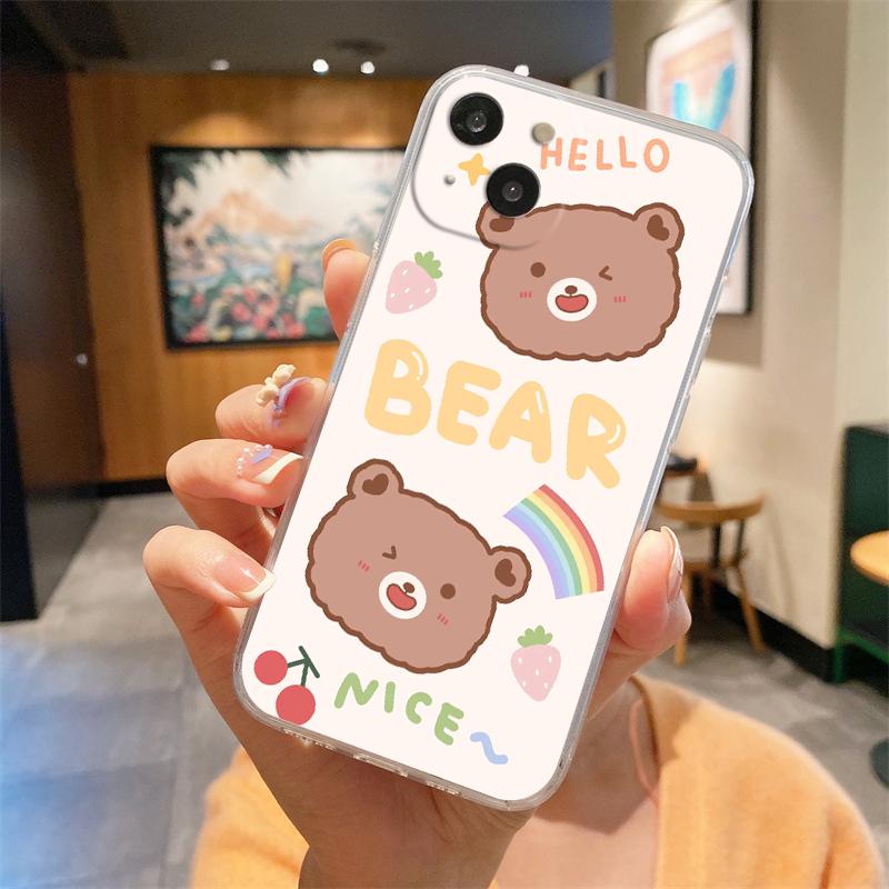 Cute BEAR Transparent Phone Case For iPhone 15 14 13 12 Mini 11 Pro Max XS X XR 7 8 Plus Clear Shockproof Silicone Cover