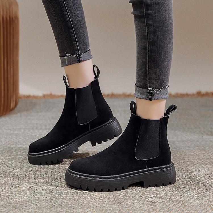 Fashion Chelsea Boots Chunky Boots Women Winter Shoes Cow Suede Ankle Boots Black Female Autumn Fashion Platform Booties