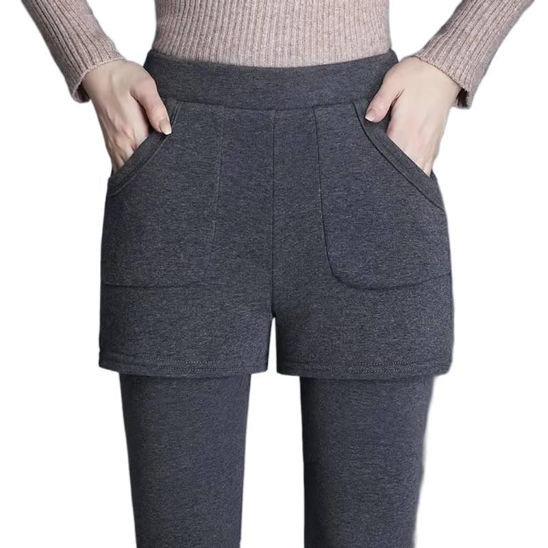 Damen Herbst Winter Fleecegefütterte Verdickte Warme Hose Fake Zweiteilige Basisschicht Lange Hose mit Taschen Bootshose Übergröße Slim Fit
