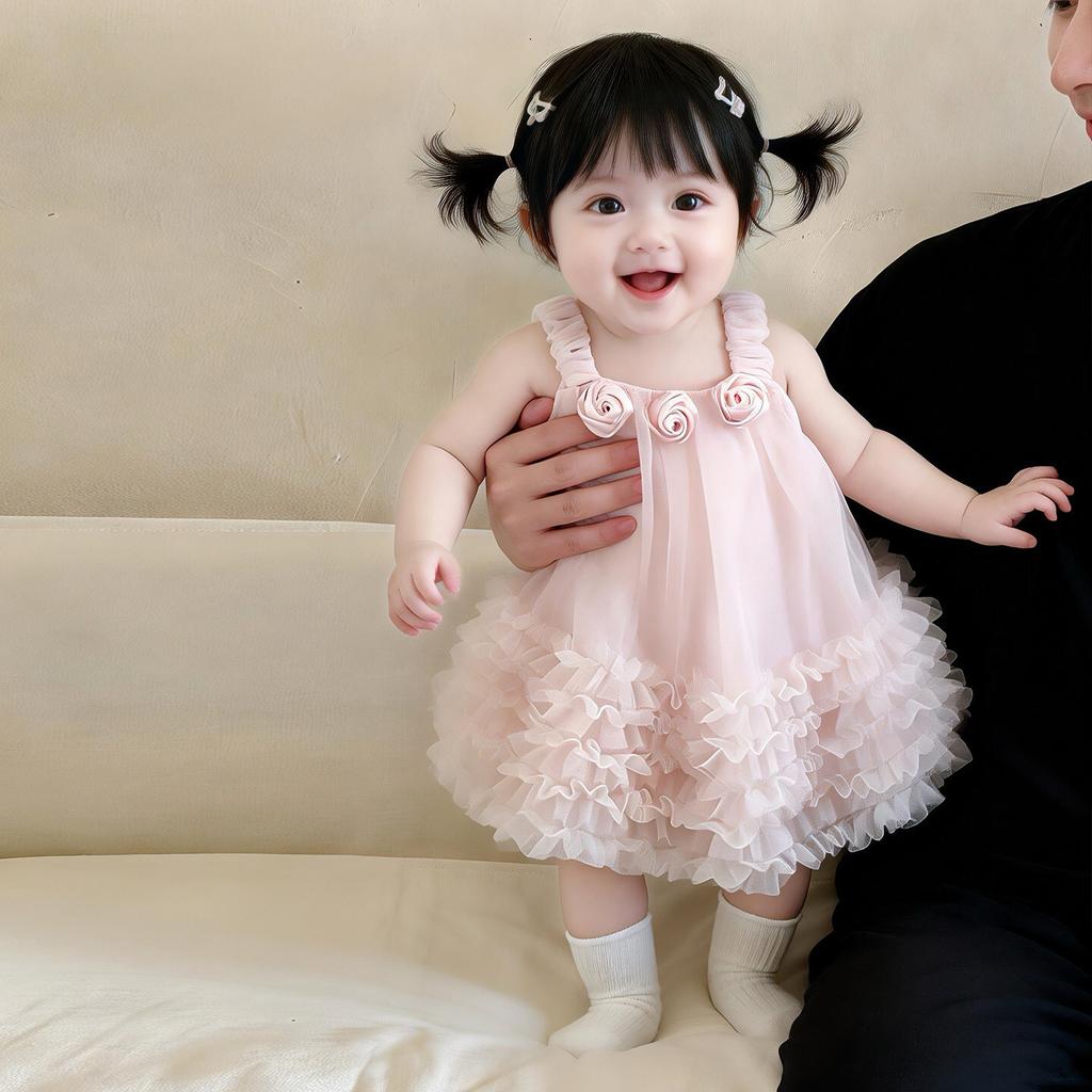 Baby Girl Princess Tulle Dress Spaghetti Strap Party Gown For 100 Days Birthday Newborn Infant Formal Wear