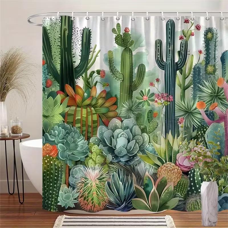 

VIKAMA Cactus Garden Shower Curtain Watercolour Background Waterproof & Mould-Resistant Shower Curtain Home Decor 90X180C(3X5.9FT)