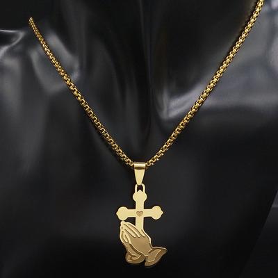 Fashion Pop Lucky Prayer Pendant with Two Hands Personality Cross Necklace Simple Family Friends Holiday Gift Accessories