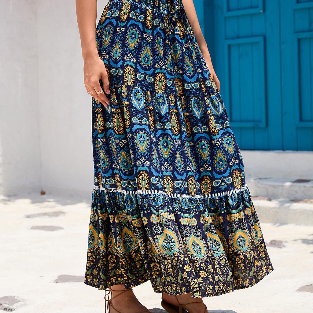 2025 Spring Summer Bohemian Ethnic Lace Trim Cotton Maxi Skirt, Vacation Style Long Skirt