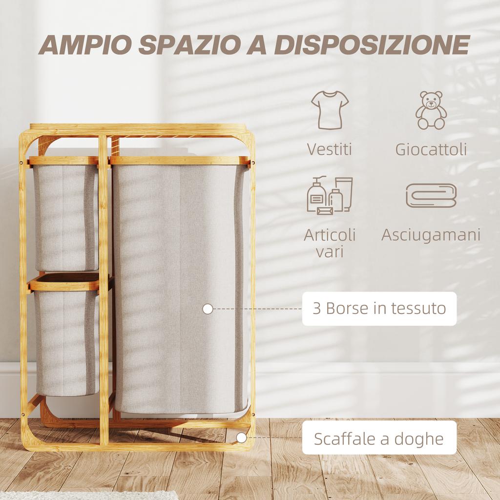 Laundry Basket in Bamboo with 3 Bags and Fabric Shelves, 50x32x69.7 cm, Bamboo and Cream Color