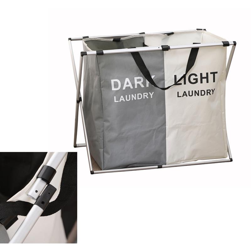 Foldable Aluminum Frame Double Compartment Laundry Basket with Handles 
