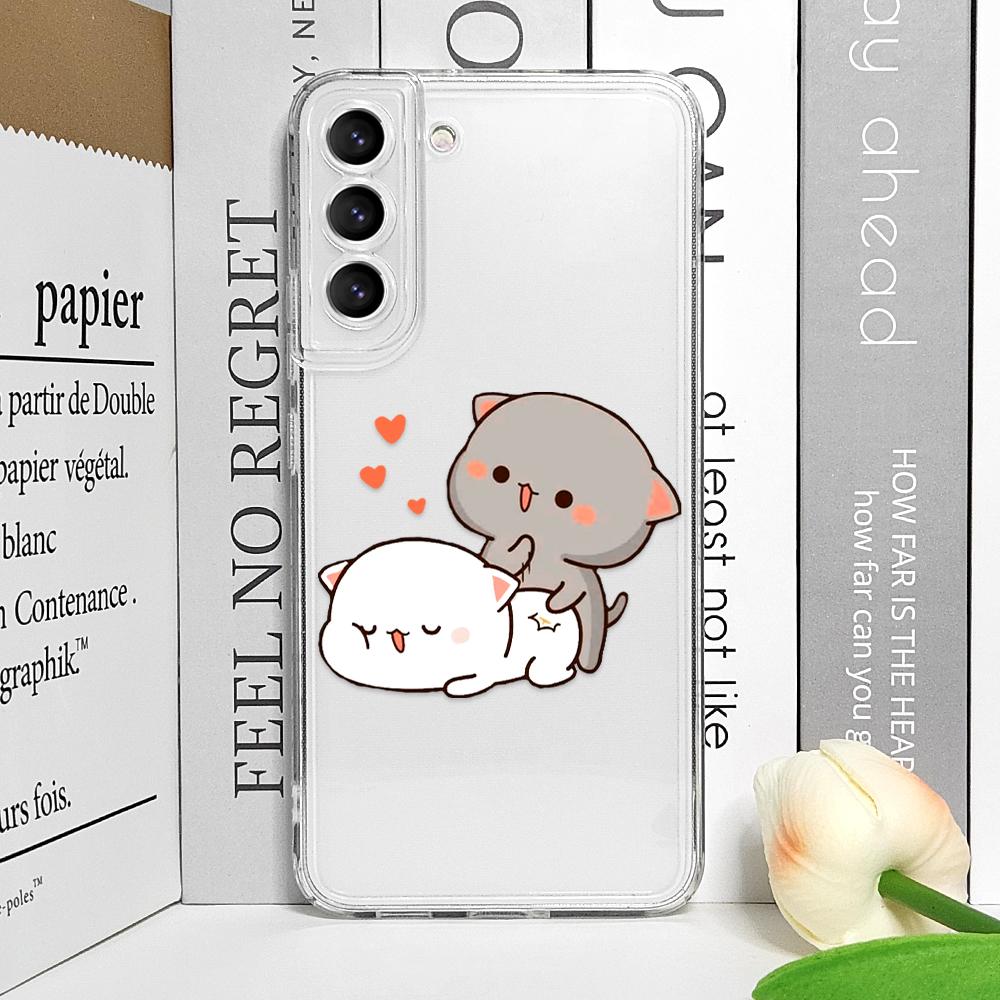 Funny Cartoon Peach Mochi Cat Phone Case for Samsung Galaxy S24 S23 S22 S21 S25 Ultra Plus FE 5G Clear Soft Covers Couple Fundas