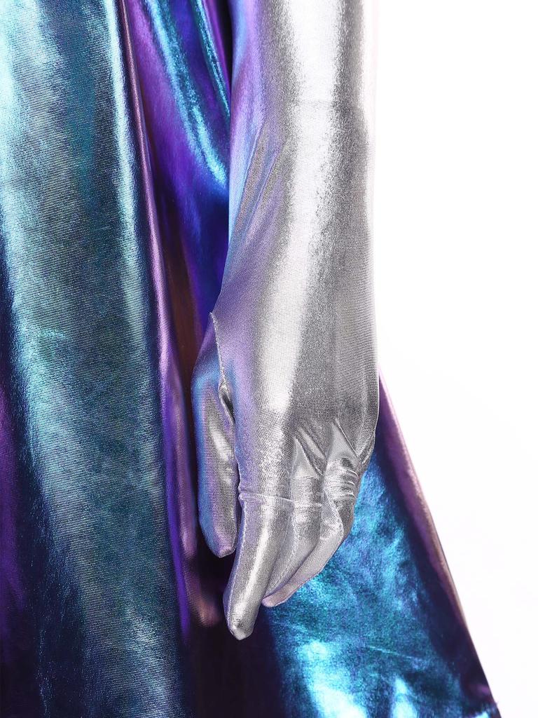 S-3XL Dames Buitenaards Cosplay Kostuum Metaalachtig Glanzende Jurk, Uitgesneden Hals & Gestructureerde Schouderstukken met Handschoenen voor Ruimte Themafeest