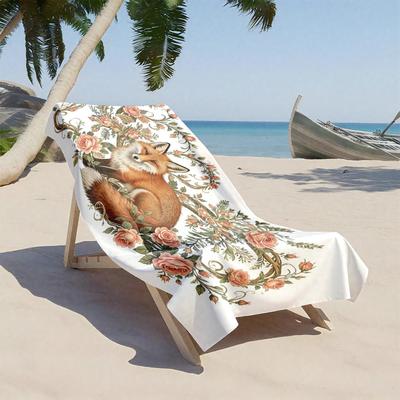 1pc Elegant Fox Surrounded by Blooming Roses 2D Printed Microfiber Beach Towel, Quick Dry Super Absorbent. Great for Beach, Pool