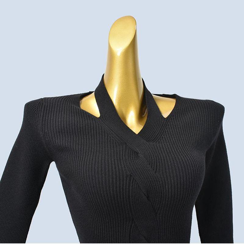 Classy Stylish Chic Short Bottoming Shirt Silm Women's Autumn and Winter Long Sleeves Knitted All-Matching V-neck Halter Tops