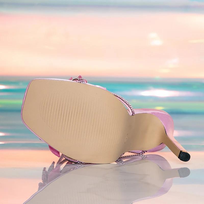 2025 Nuovo Design Punta Aperta Fiore di Cristallo Cinturino alla Caviglia Sandali da Donna Sexy Tacco Sottile Scarpe da Donna per Festa da Stripper