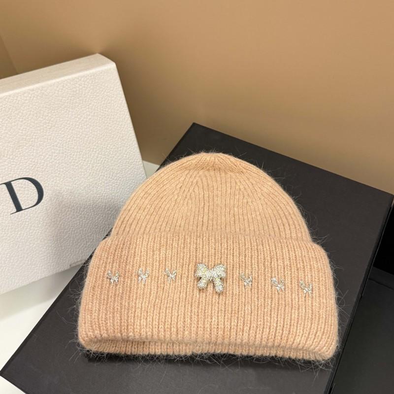 Winter High-Quality Bow Rhinestone Knit Hat Rabbit Fur Ear-Protection Warm Beanie Women