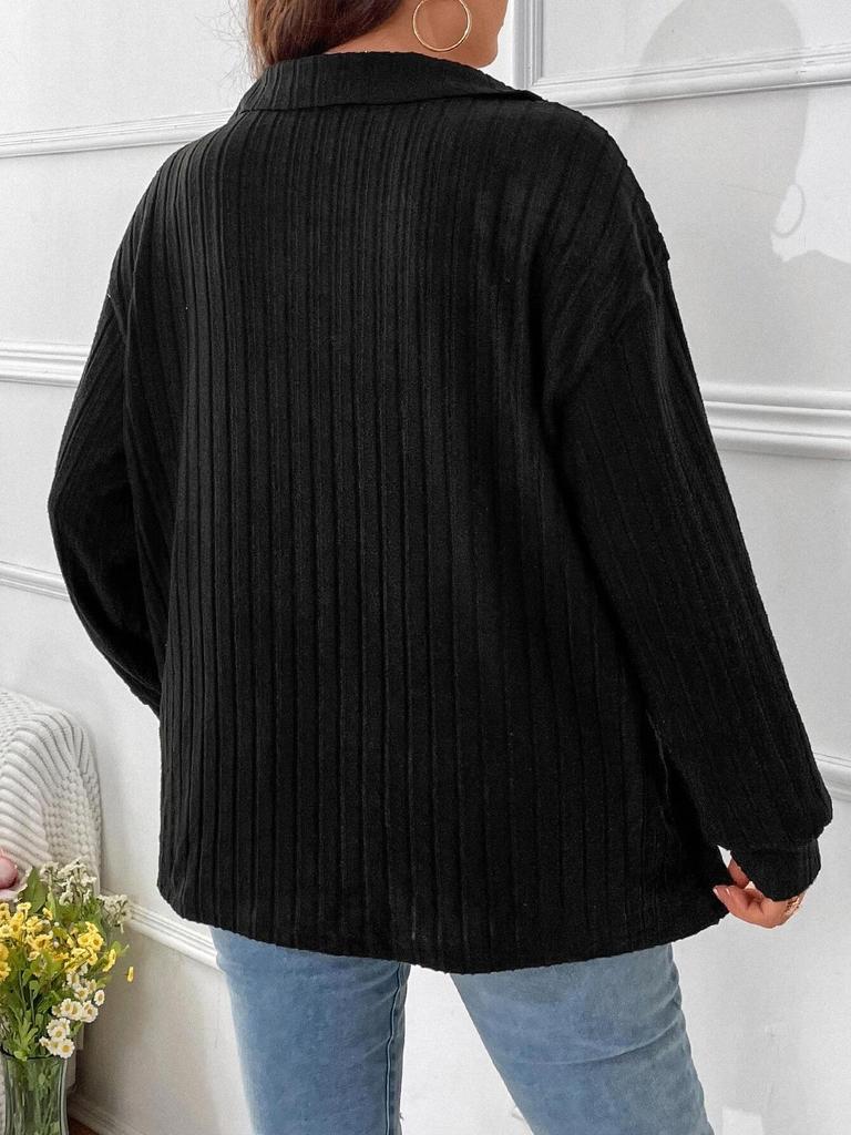 2025 Autumn/Winter V-Neck Long Sleeve Plus Size Women's Ribbed T-Shirt