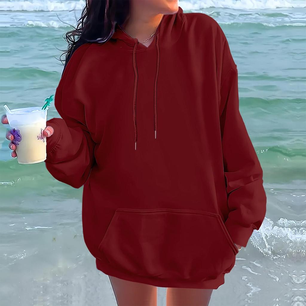 Ladies' Fashionable Casual Long Sleeved Round Neck Hooded Solid Color Hoodie With Threaded Thread