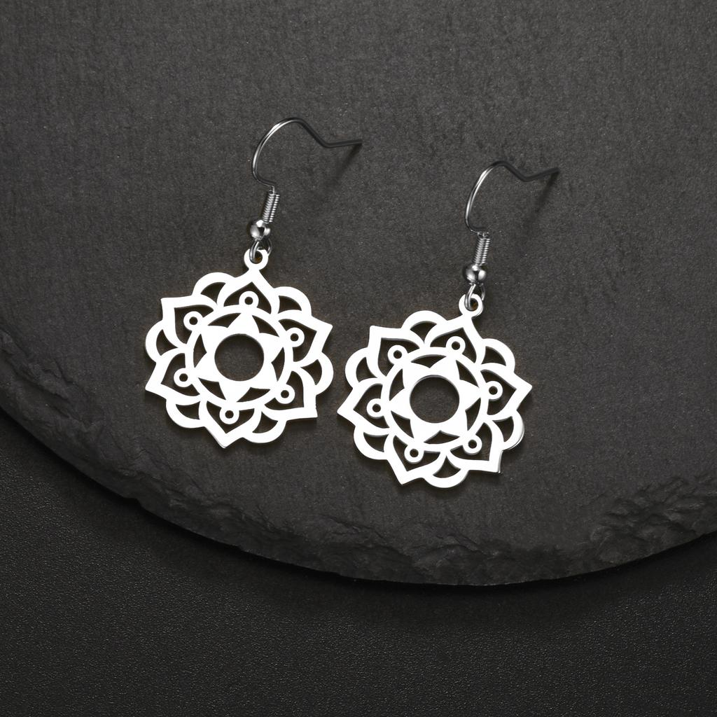 LIKGREAT Stainless Steel Lotus Flower Earrings Elegant Mandala Chakra Drop Pendant Women Healing Buddha Spiritual Yoga Jewelry