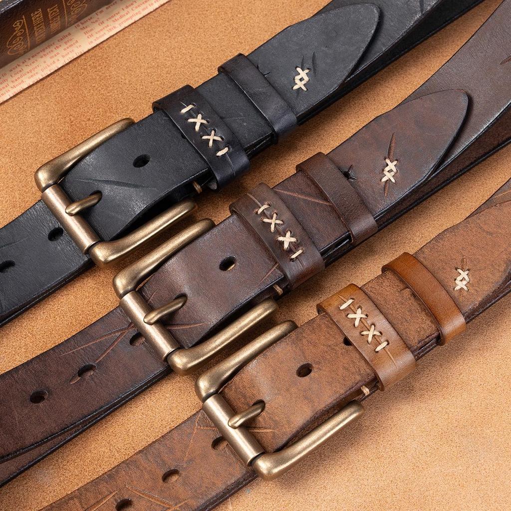 Handmade Men's Genuine Leather Pin Buckle Belt: Pure Cowhide, Casual Retro Design for Students, Middle-aged, and Young People, Trendy Denim Accessory.