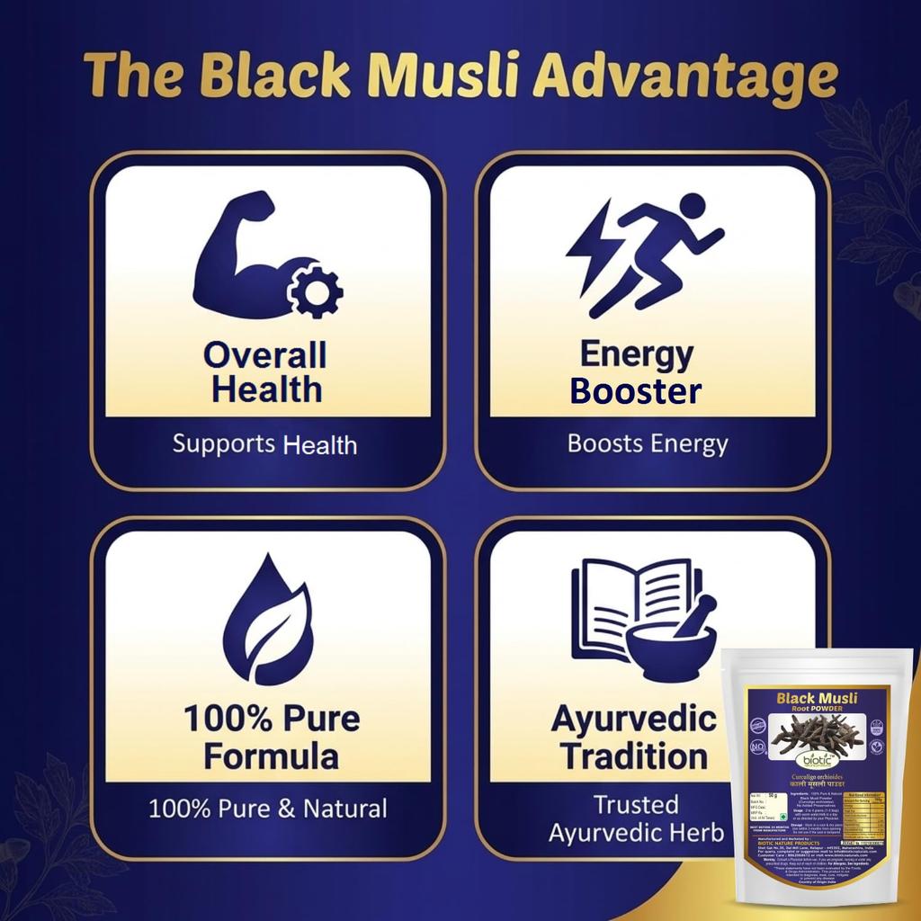 Biotic Natural Black Musli Powder - Kali Musli Powder - Curculigo Orchioides - 50 Gm