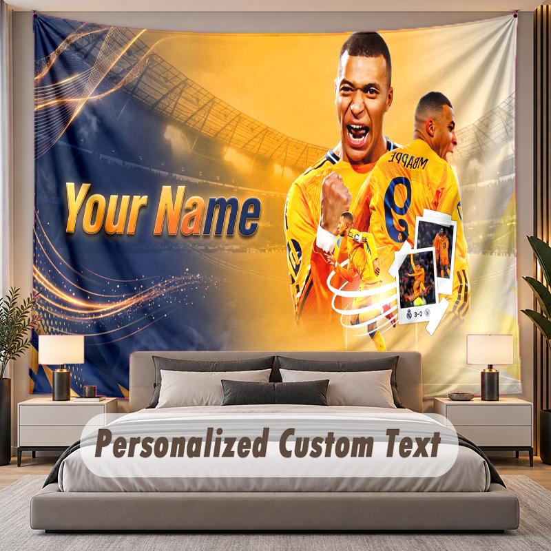 Custom Name Text Tapestry Kylian Mbappe Personalized Polyester Wall Tapestry For Bedroom And Room