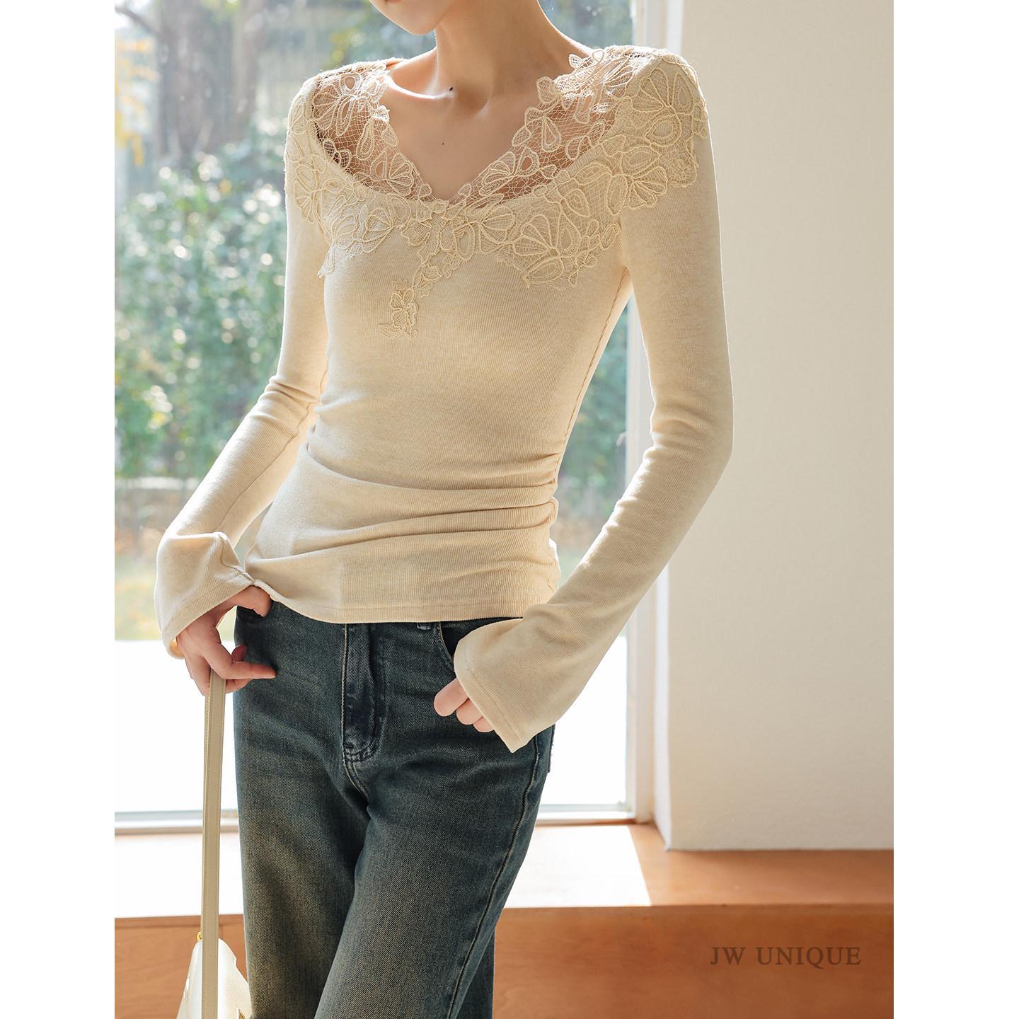 Прозрачный сетчатый и кружевной вязаный топ для женщин - Сексуальный осенне-зимний базовый слой M