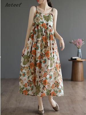 Anteef ärmelloses Trägerkleid aus Baumwolle im Vintage-Stil mit Blumenmuster für Damen, lässig, locker, lang, Sommerkleid, elegante Kleidung
