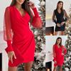 Mini Abito Elegante da Donna con Scollo a V in Pizzo a Manica Lunga Bodycon a Vita Stretta