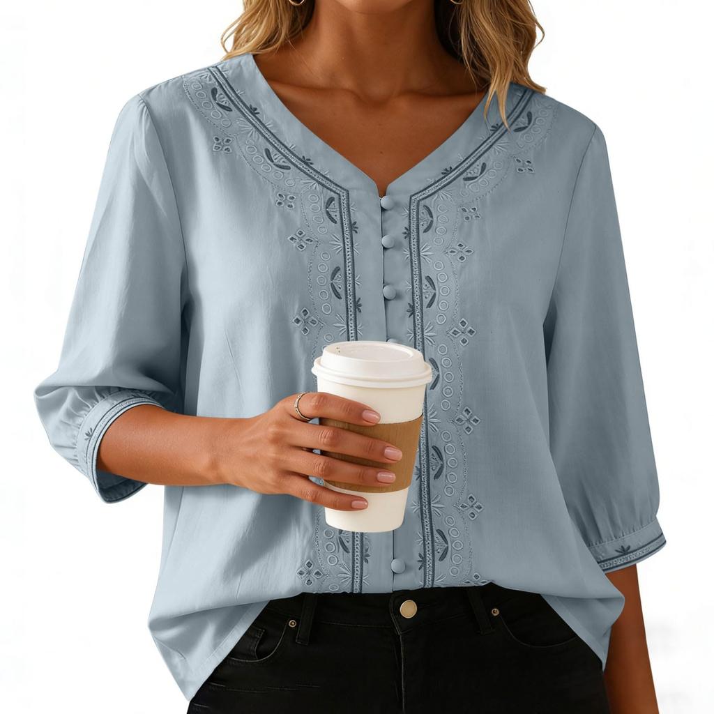 Hauts pour femmes en coton et lin Hauts Rétro à Boutons Chinois Manches 3/4 Col en V Chemises